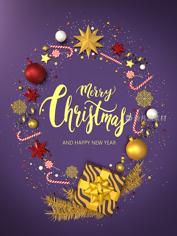 Merry Christmas Text on Christmas New Year Greeting Card Background with Gold and Glitter .圣诞贺卡背景与黄金和闪闪发光